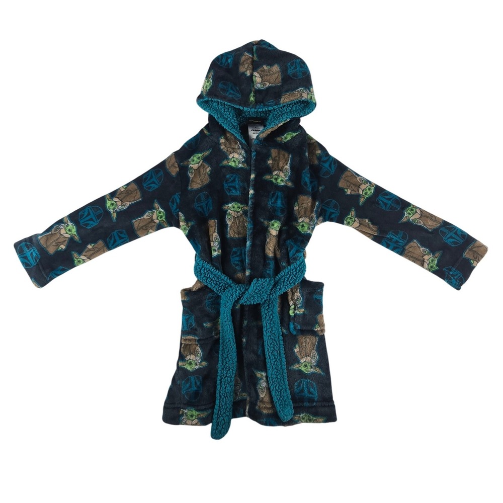 Star Wars Grogu Baby Yoda Hooded Fleece Robe Kids Size 6 Gray Teal Mandalorian
